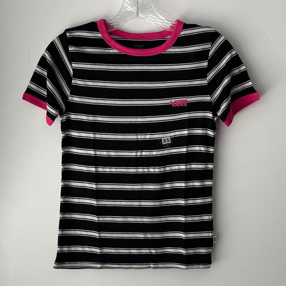 Vans Black & White Striped Short Sleeve Tee with Pink Trim. NWT